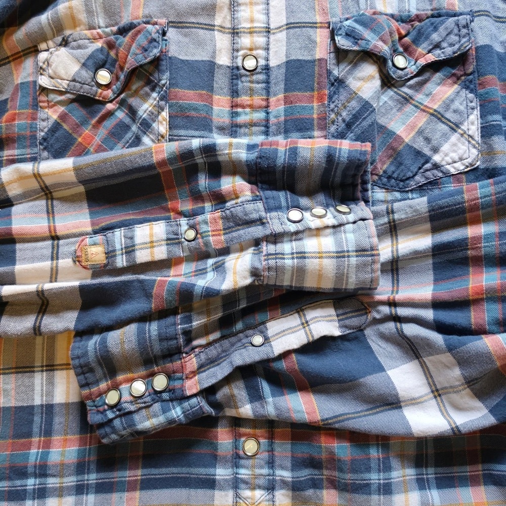 Vintage GUESS Pearl Snap Western Plaid Shirt Blue Orange Contrast Yoke Flannel - Picture 6 of 10